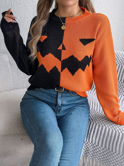Ghost Pumpkin Colorblock Long Sleeve Sweater for Fall & Halloween