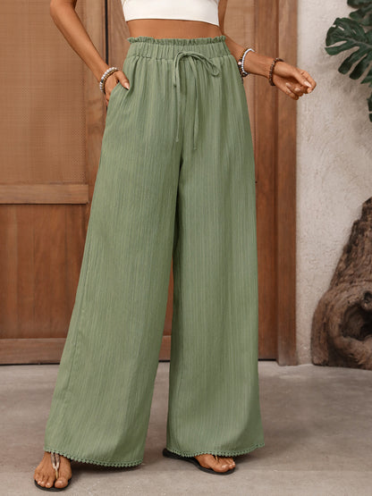 Scalloped Wide Leg Pants High Waist Elastic Summer Beach