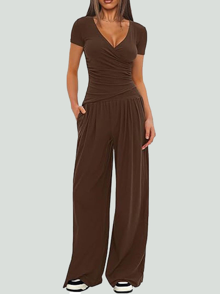 Women's 2 Piece V Neck Wide Leg Pants Lounge Set