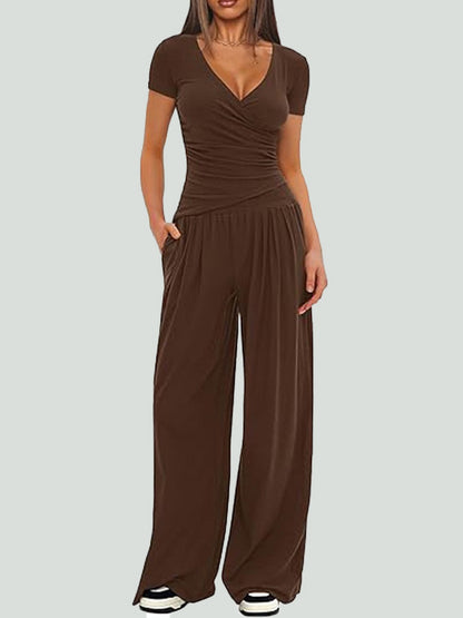 Women's 2 Piece V Neck Wide Leg Pants Lounge Set