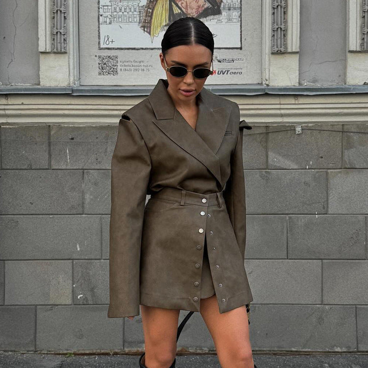 Women's Faux Leather Blazer Mini Skirt Two Piece Set