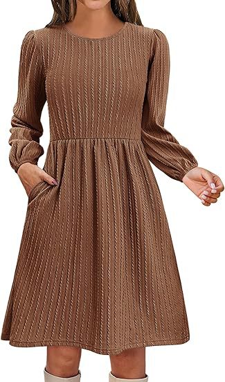 Fall Textured Knit Puff Sleeve A-Line Midi Dress