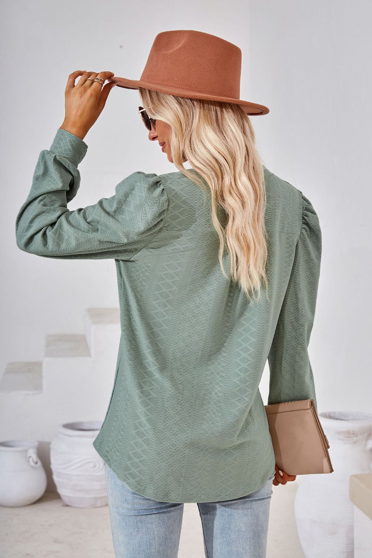 Women's V Neck Puff Sleeve Textured Tunic Top Long Sleeve