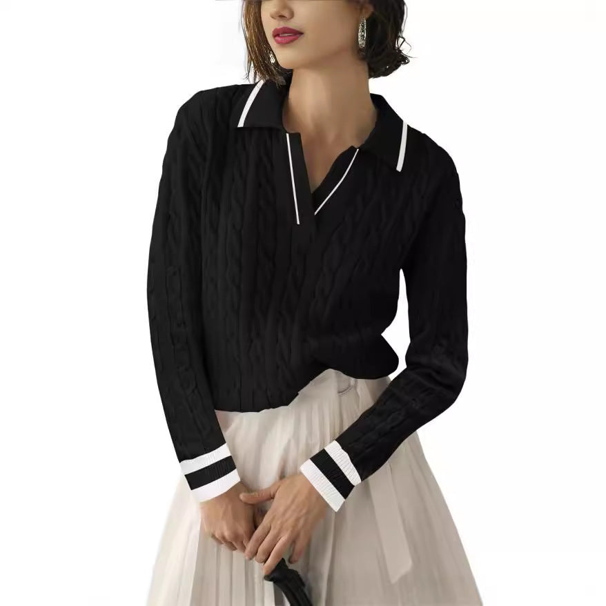 Women's Cable Knit Collared V Neck Pullover Sweater