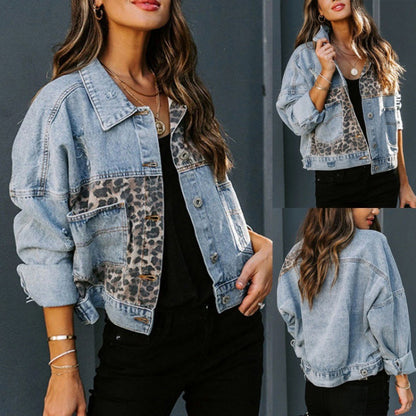 Women's Leopard Patchwork Denim Jacket Button Up Casual