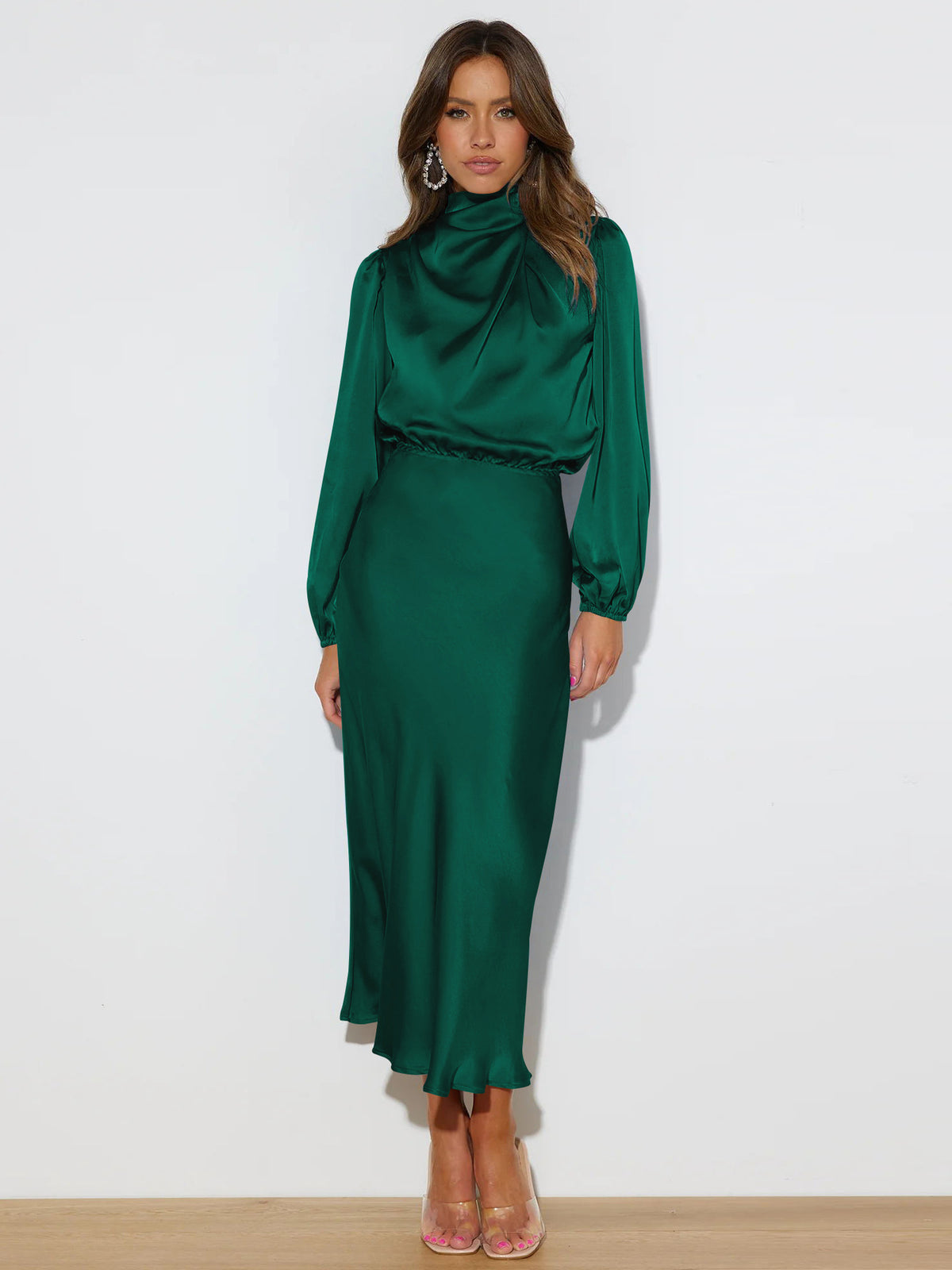 Satin Mock Neck Puff Sleeve Bodycon Midi Dress Cocktail