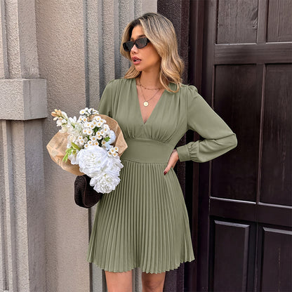 Solid Pleated V-Neck Dress Lantern Sleeve Elegant