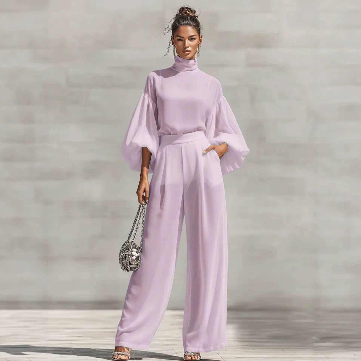 Women's Lantern Sleeve Blouse Wide Leg Pants Two Piece Set