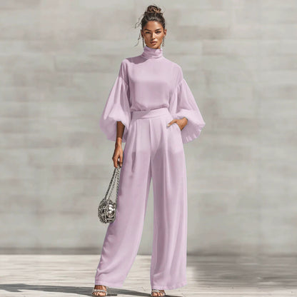 Women's Lantern Sleeve Blouse Wide Leg Pants Two Piece Set
