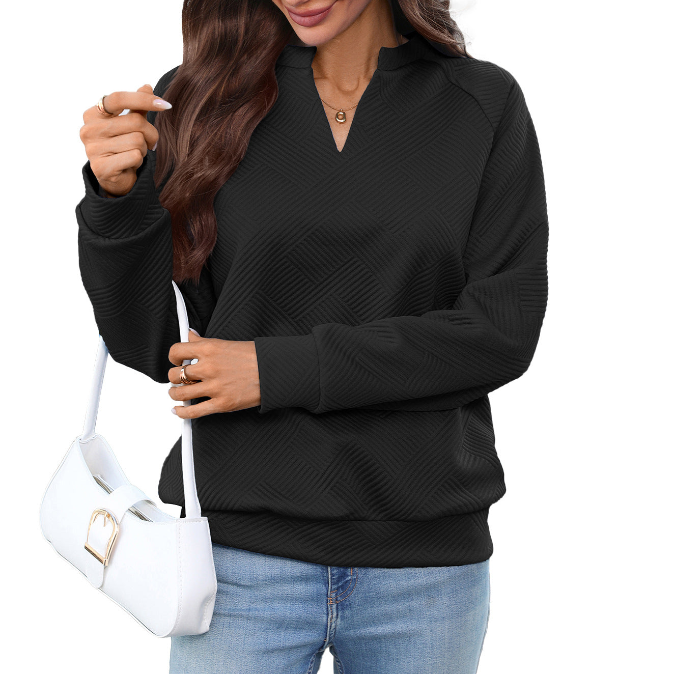 Quilted V Neck Sweatshirt Textured Loose Pullover