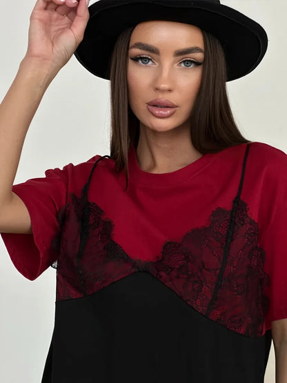 Sexy Lace Splice Loose Tee Top Casual Streetwear Summer Women