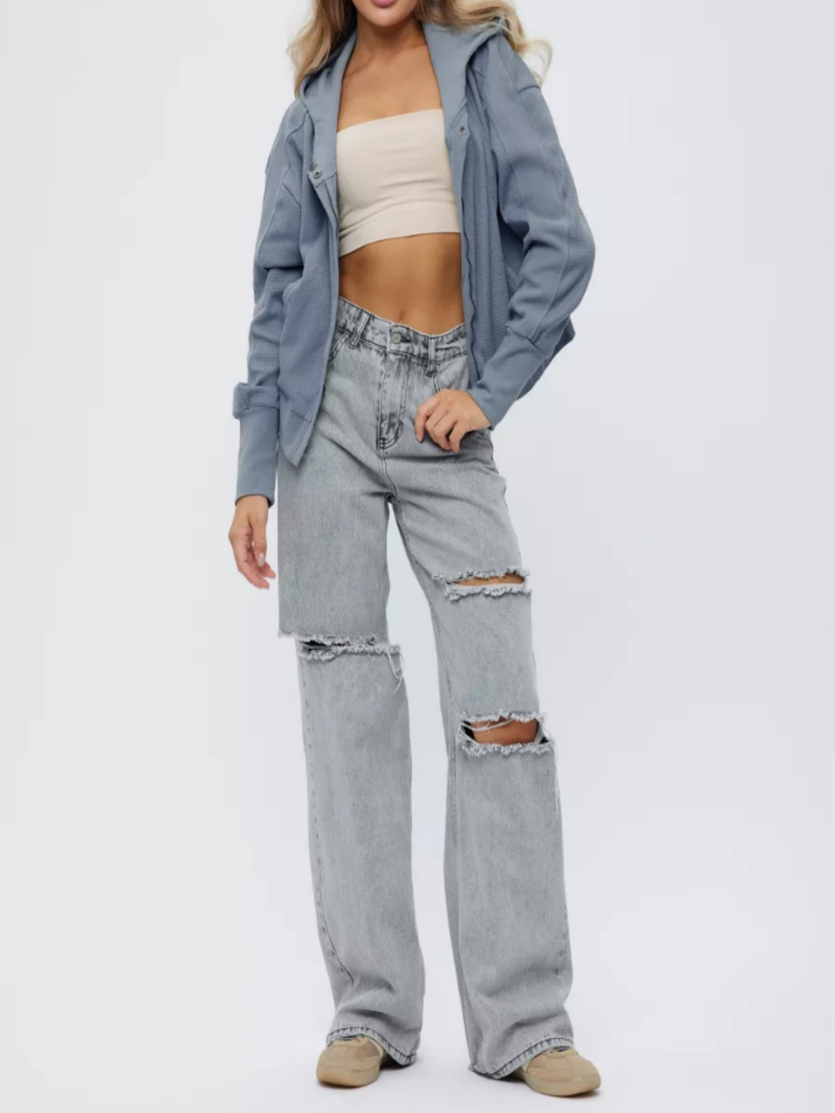 Women's Oversized Waffle Knit Zip Up Hoodie