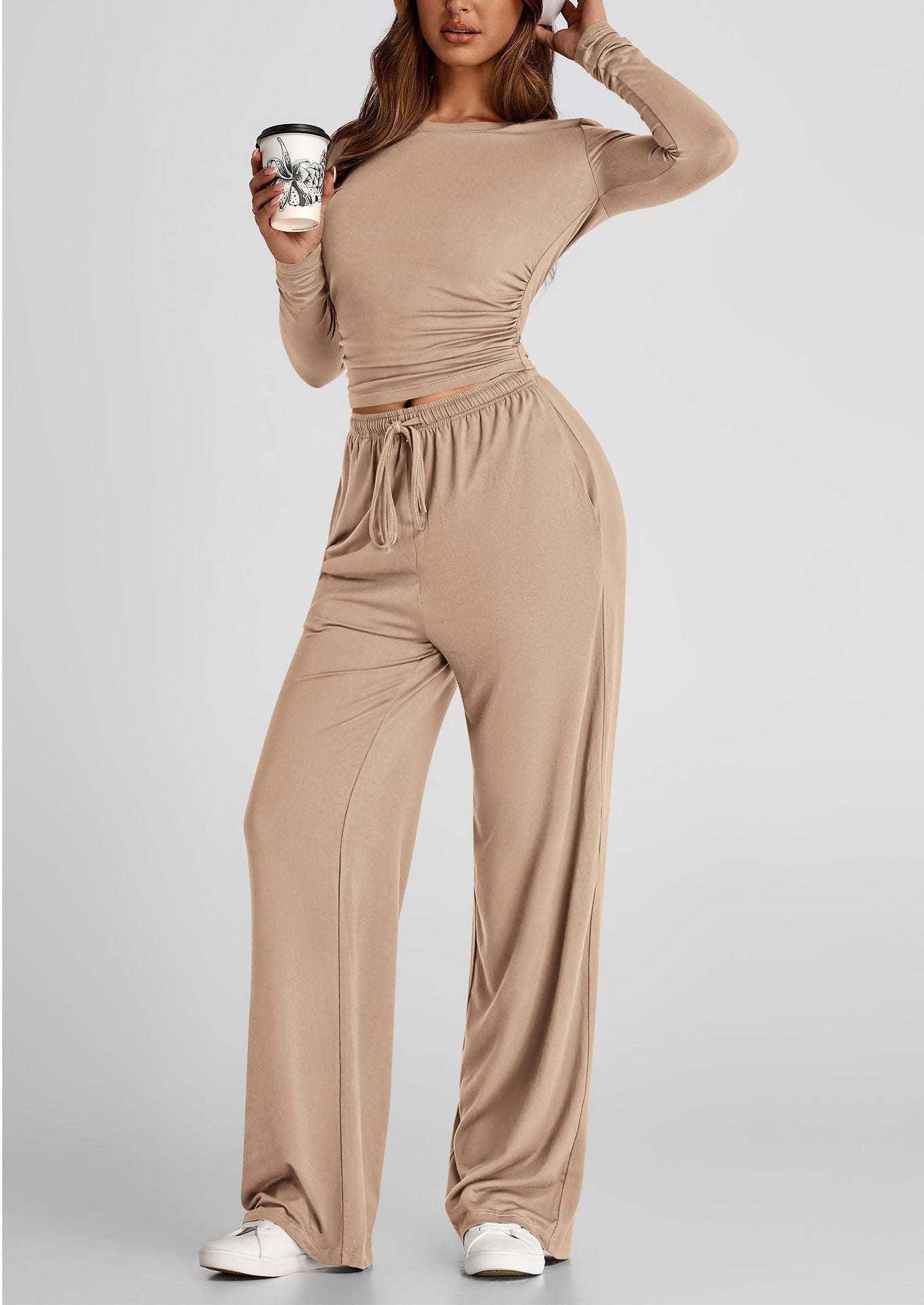 Women's Ruched Long Sleeve Top Wide Leg Pants Lounge Set
