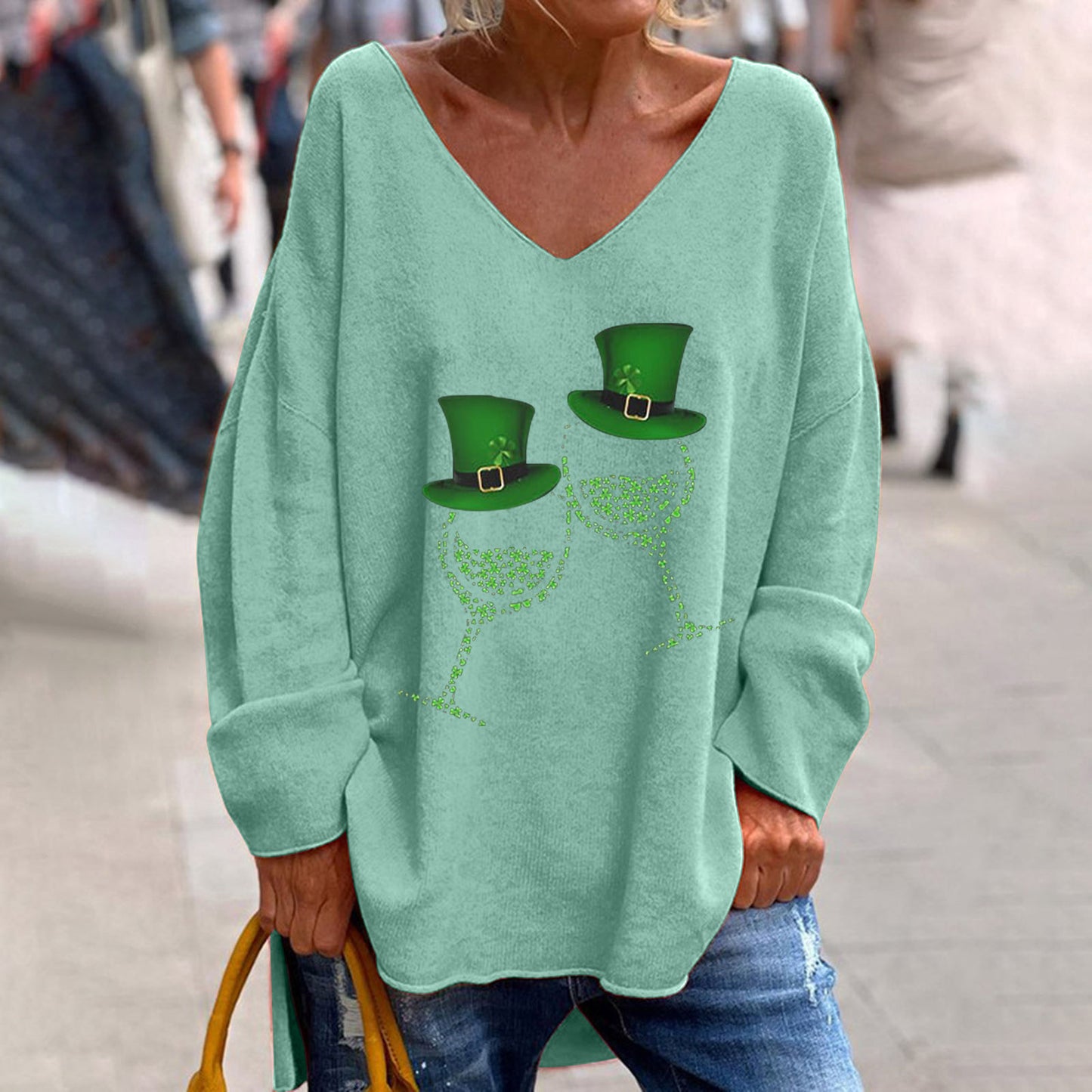 Women's St. Patrick's Day V-Neck Long Sleeve Oversized Tee
