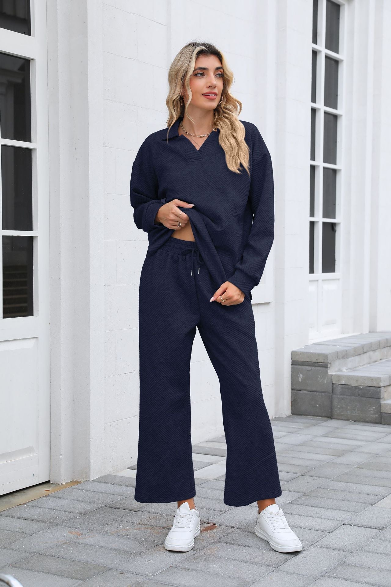 Women's Lounge Set Long Sleeve Collar Top Wide Leg Pants