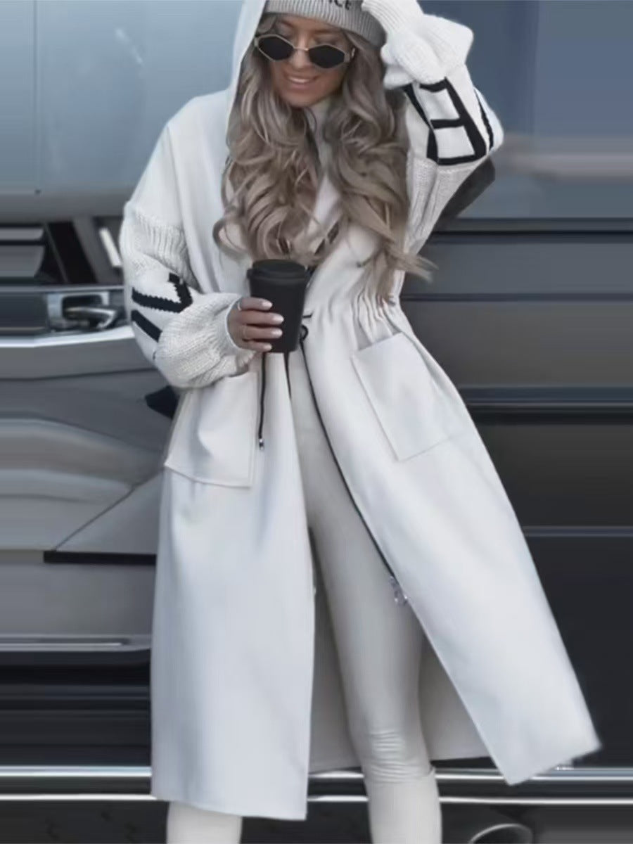 Women's Hooded Long Patchwork Knit Sleeve Jacket