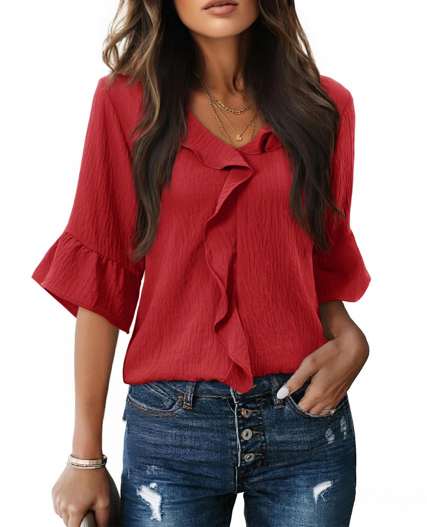 Ruffle V Neck 3/4 Sleeve Textured Blouse Top