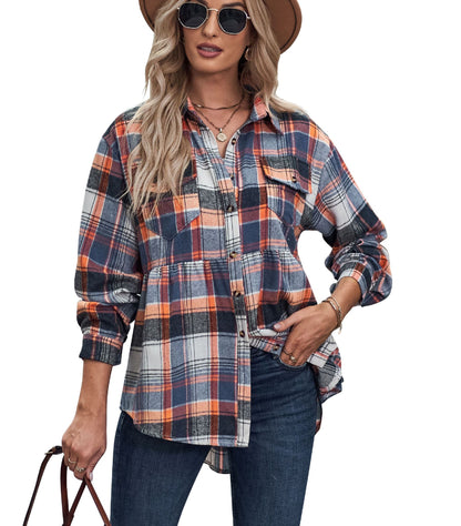 Plaid Lapel Long-Sleeve Casual Shirt with Pockets