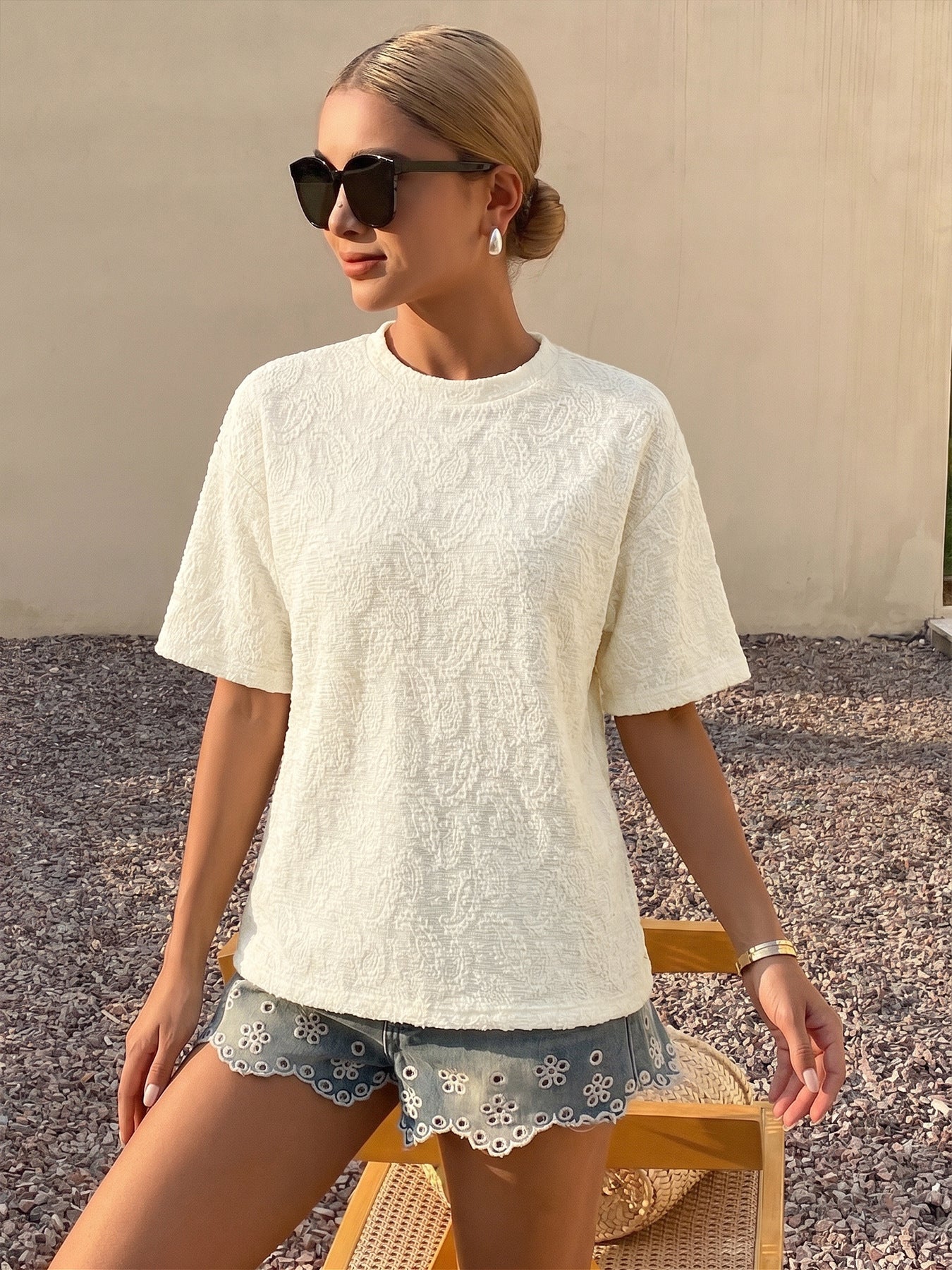 Textured Jacquard Knit T Shirt Loose Fit Casual Summer Top