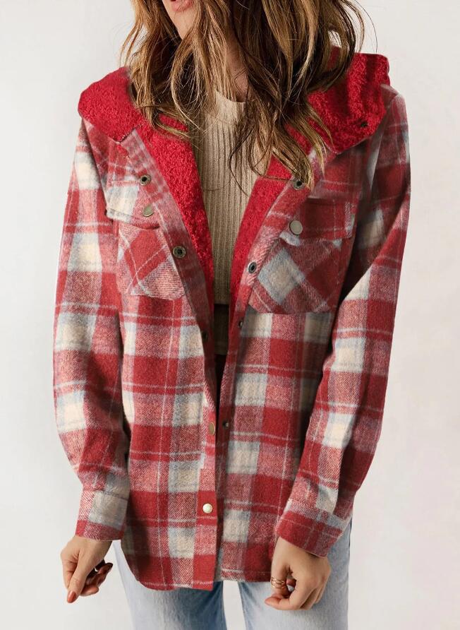 Women's Plaid Hooded Fleece Lined Shacket with Pockets