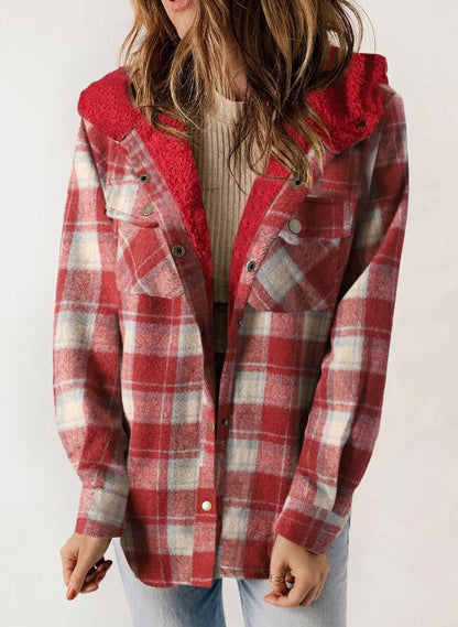Women's Plaid Hooded Fleece Lined Shacket with Pockets