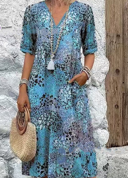 Women's Boho V-Neck Short Sleeve Maxi Dress with Pockets
