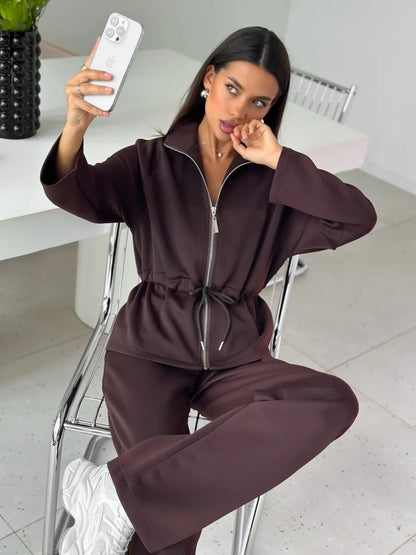 Women's Zip Up Drawstring Jacket Wide Leg Pants Set