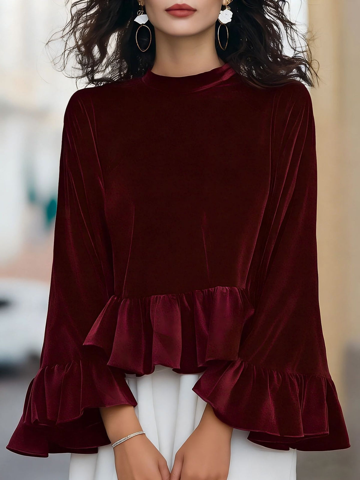 Women's Velvet Peplum Ruffle Long Sleeve Top
