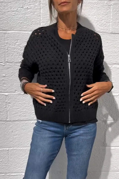 Women's Open Knit Zip Up Cardigan Sweater