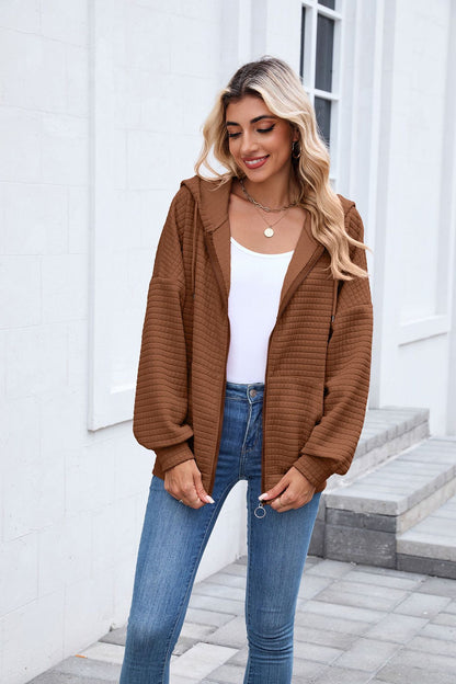 Quilted Zip Up Hooded Jacket Hoodie with Pockets