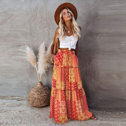 Boho Print Maxi Skirt High Waist Flowy Patchwork