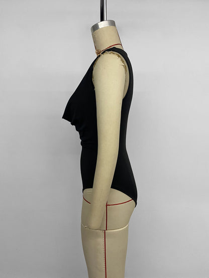 Metal Strap Cowl Neck Bodysuit Sexy Sleeveless Bodycon Top