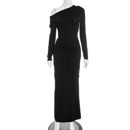 One Shoulder Ruched Bodycon Maxi Dress Long Sleeve