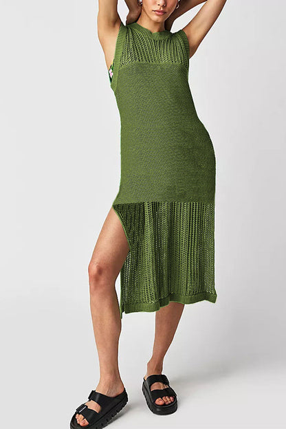 Summer Hollow Knit Sleeveless Street Style Slit Dress