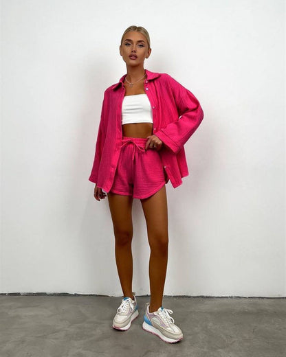 Womens Button Down Shirt and Shorts 2 Piece Set