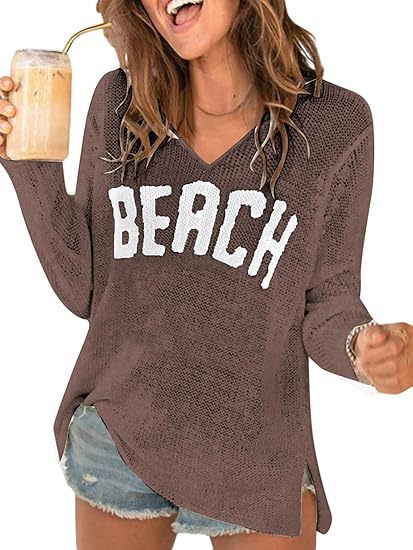 Women's V-Neck Letter Print Lightweight Knit Sweater