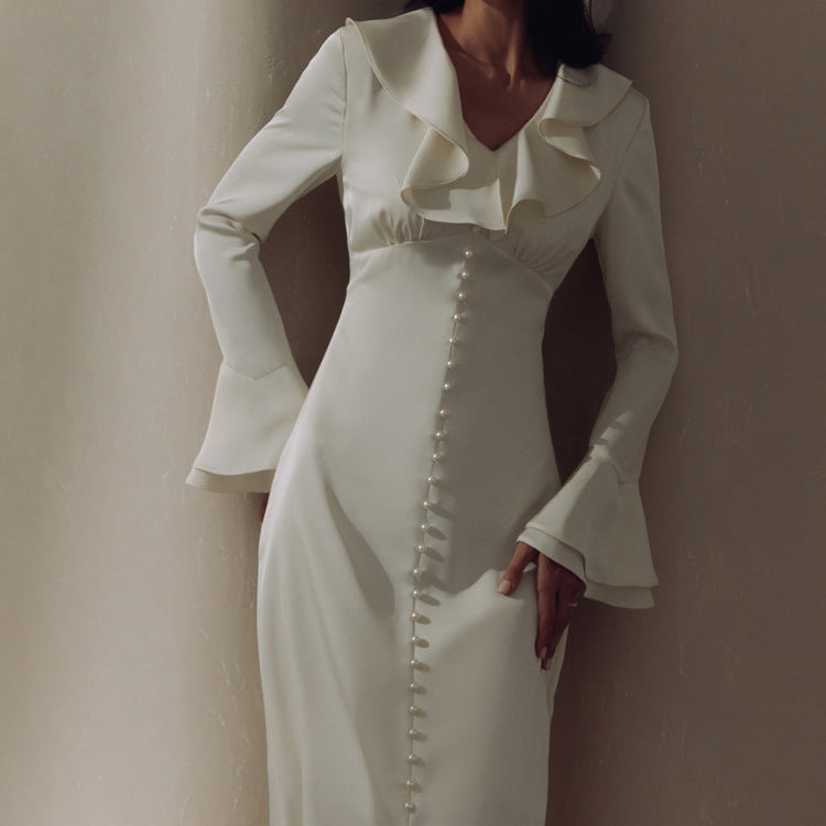 French Ruffle V Neck Button Front Flare Sleeve Midi Dress