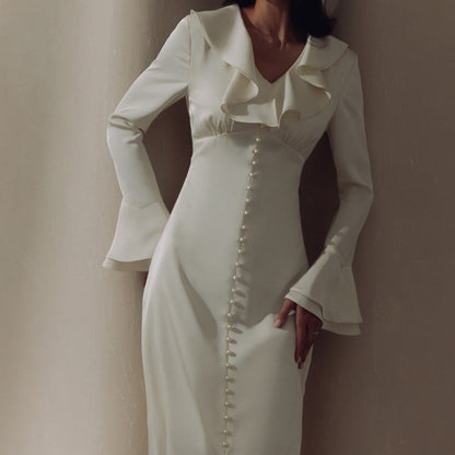 French Ruffle V Neck Button Front Flare Sleeve Midi Dress