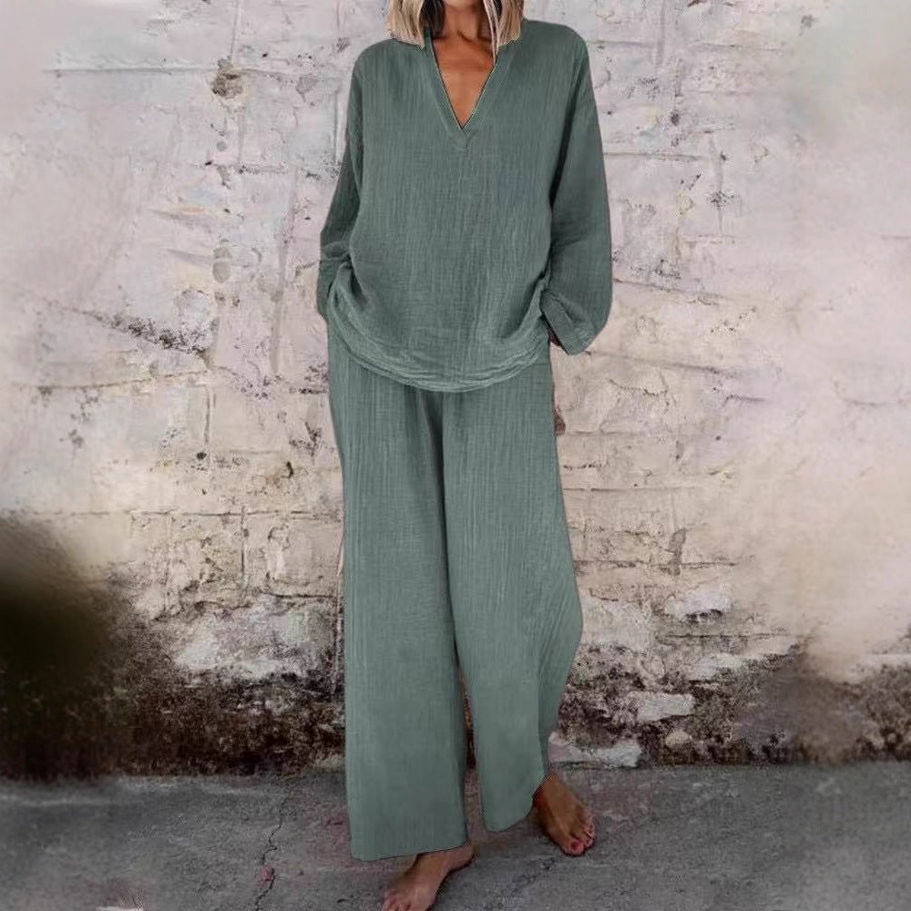 Women's Solid V Neck Wide Leg Pants Casual Two Piece Set