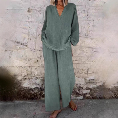 Women's Solid V Neck Wide Leg Pants Casual Two Piece Set