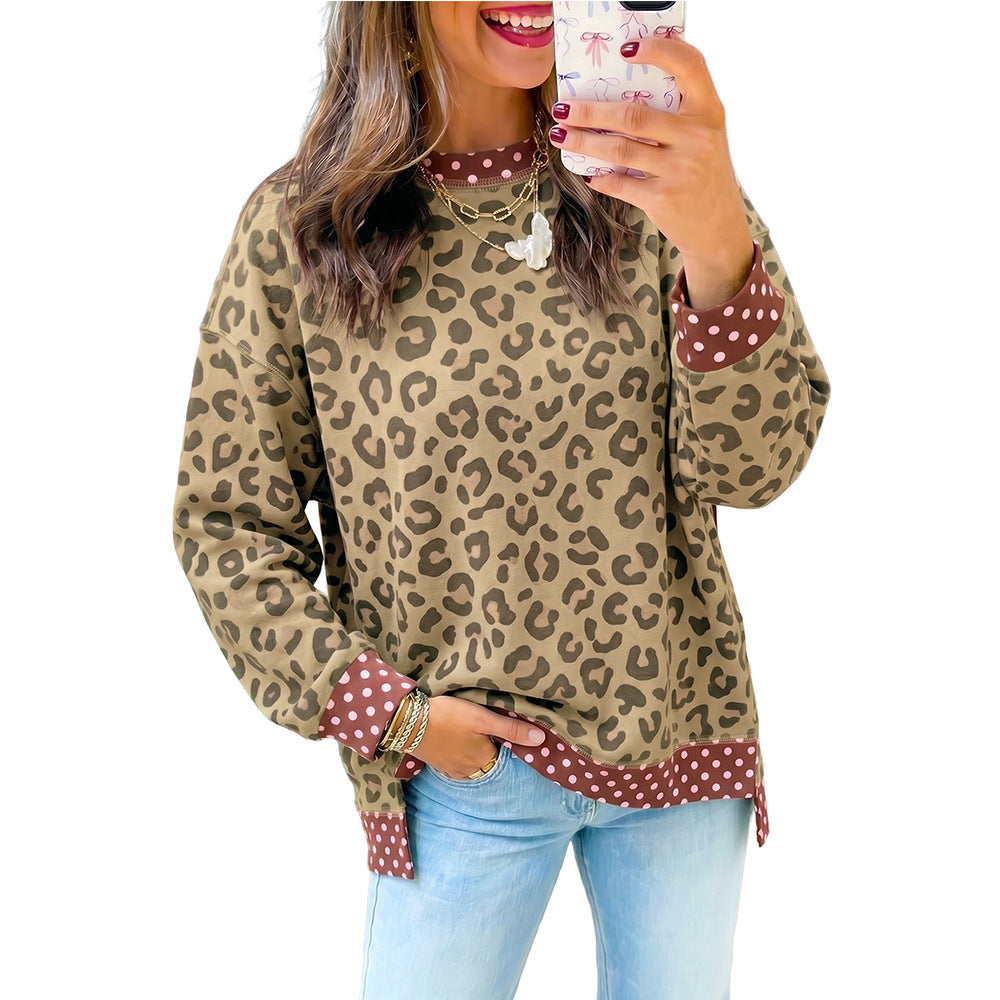 Women's Oversized Leopard Polka Dot Crewneck Sweatshirt