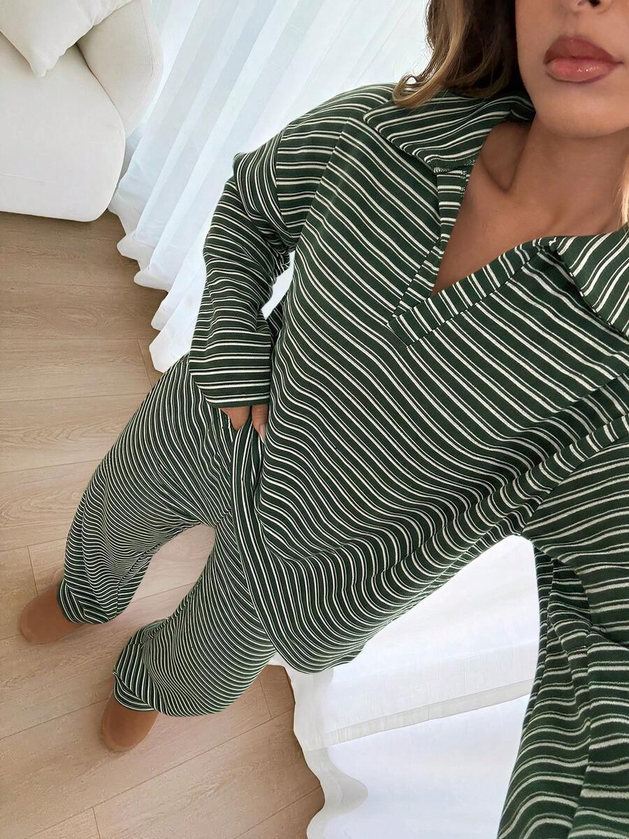 Striped Lounge Set Women Collared Pullover Wide Leg Pants
