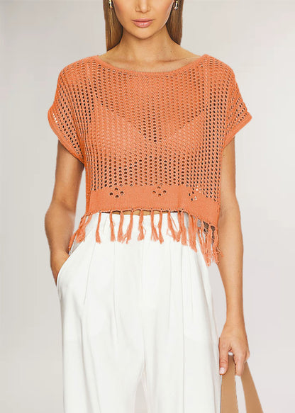 Fringe Knit Top Hollow Out Cropped Beach Cover Up