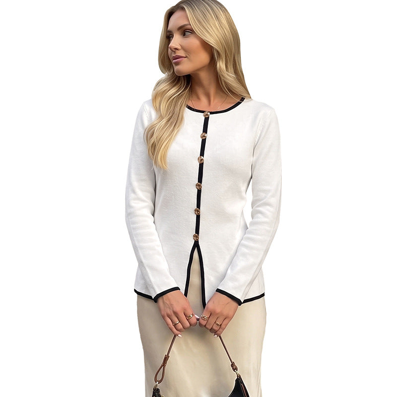 Contrast Trim Cardigan Button Front Slim Fit
