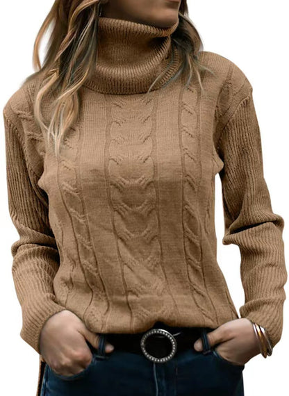 Women's Cable Knit Turtleneck Sweater Slim Fit Pullover
