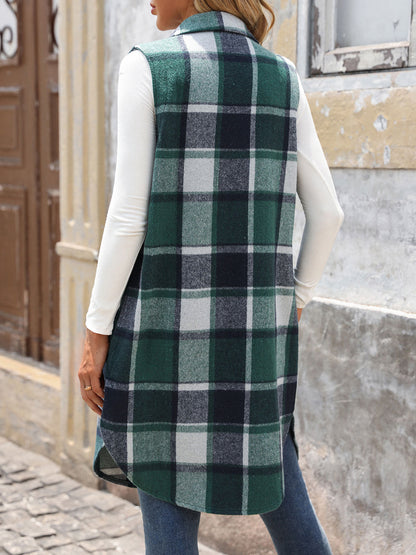 Plaid Longline Vest Lapel Button Front Pockets