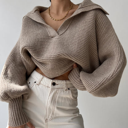 Womens Collared V Neck Ribbed Knit Sweater