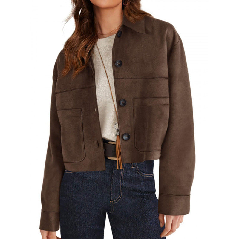 Women's Faux Suede Cropped Jacket Button Front