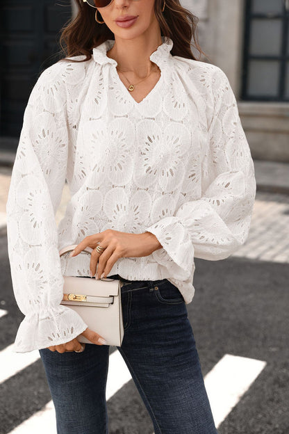 Eyelet Lace Blouse V Neck Puff Sleeve Top