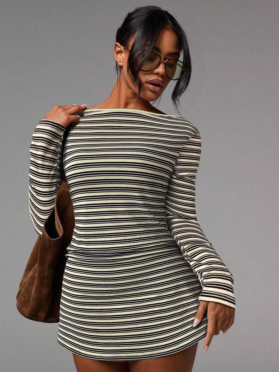 Striped Mesh Mini Dress Long Sleeve Bodycon Boat Neck